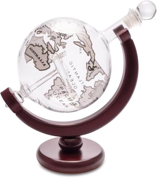 Decanter for Whisky Globe with Wooden Frame for Bottle in the Shape of the Globe with Decorative