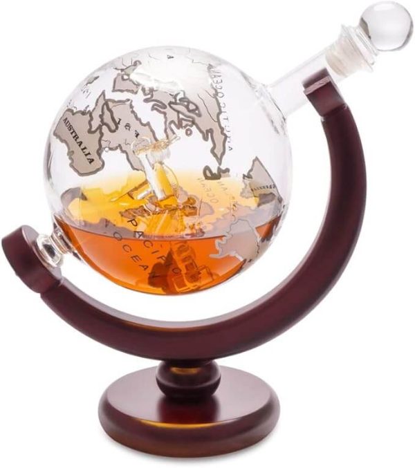 Decanter for Whisky Globe with Wooden Frame for Bottle in the Shape of the Globe with Decorative