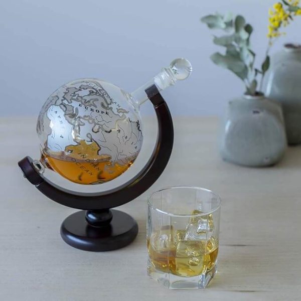 Decanter for Whisky Globe with Wooden Frame for Bottle in the Shape of the Globe with Decorative